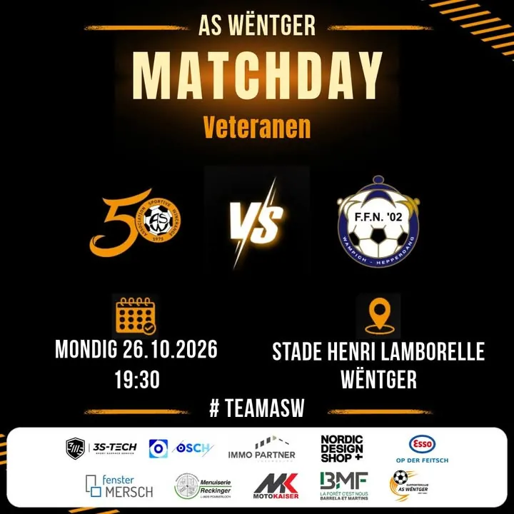 🟠⚽ Veteranen ⚽🟠VS FF Norden 02 Wampich-Hepperdang 📅 Mondig 26.10.2026🕐 19:30📍 Stade Henri Lamborelle, Wëntger#TeamASW...