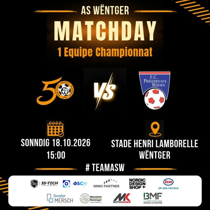 ‼ OPGEPASST ‼Den Match von da 1 Equipe een Sonndig ass um 15 Auer.