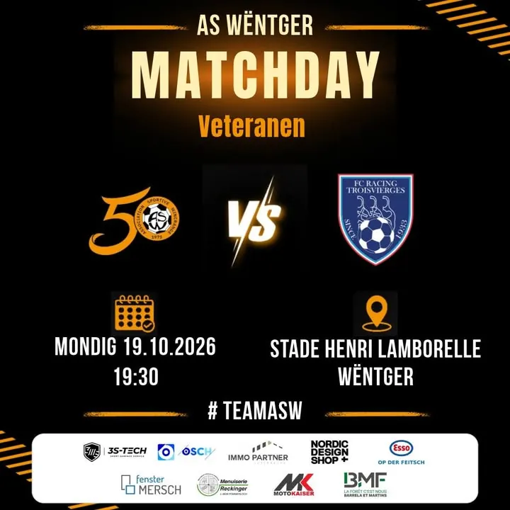 🟠⚽ Veteranen ⚽🟠VS FC Racing Troisvierges 📅 Mondig 19.10.2026🕐 19:30📍 Stade Henri Lamborelle, Wëntger#TeamASW  #MatchDay