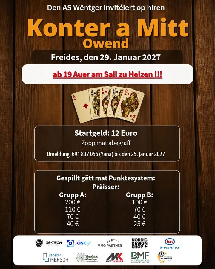 ‼️🃏 KLENG KORREKTUR! 🃏‼️Beim Erstelle vum Flyer an der Facebook-Veranstaltung ass eis e klenge Feeler ënnerlof. 😅Eise...
